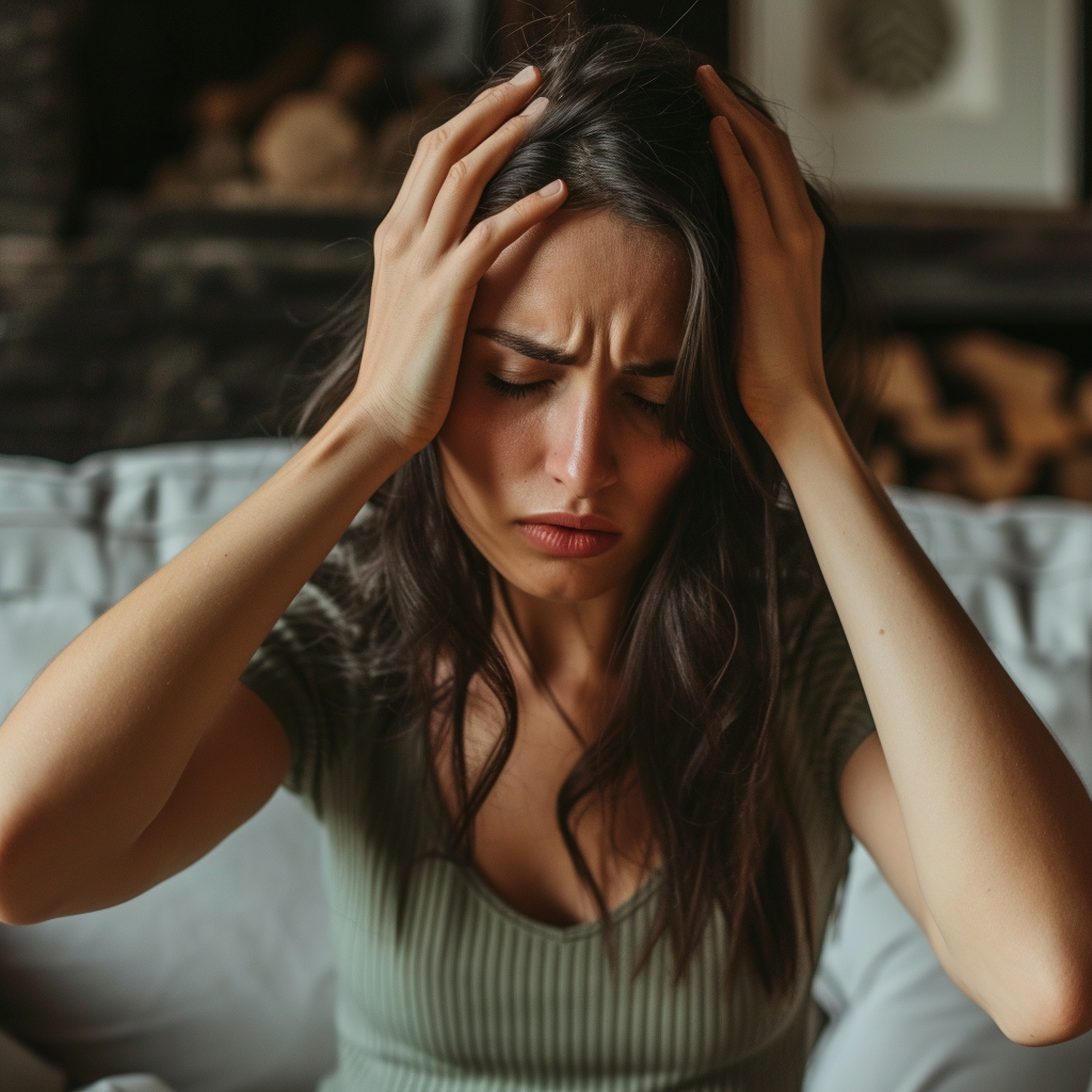 Une femme bouleversée qui se tient la tête | Source : Midjourney