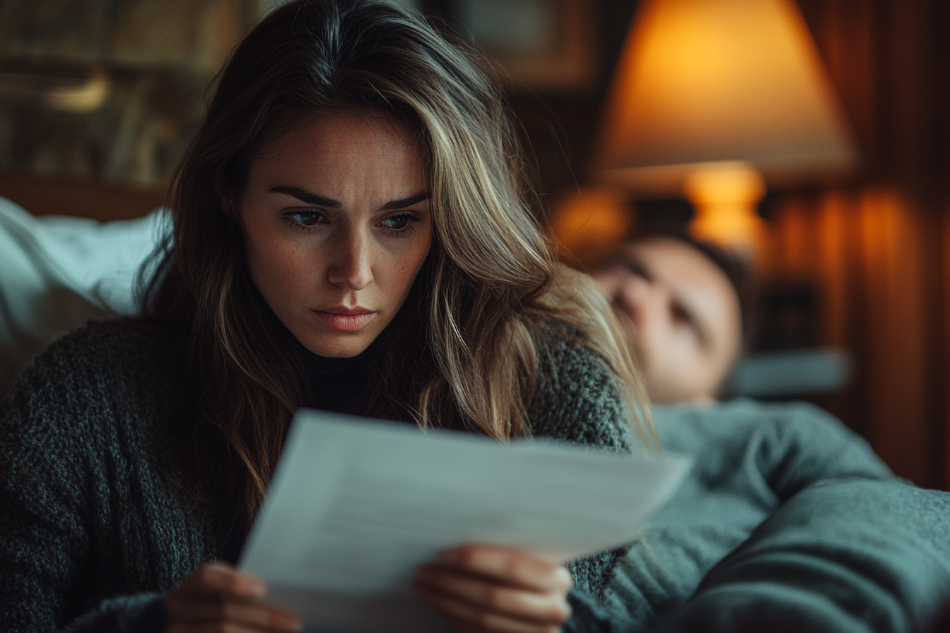 Une femme brune déterminée feuillette des documents la nuit, tandis que son mari dort paisiblement dans son lit | Source : Midjourney