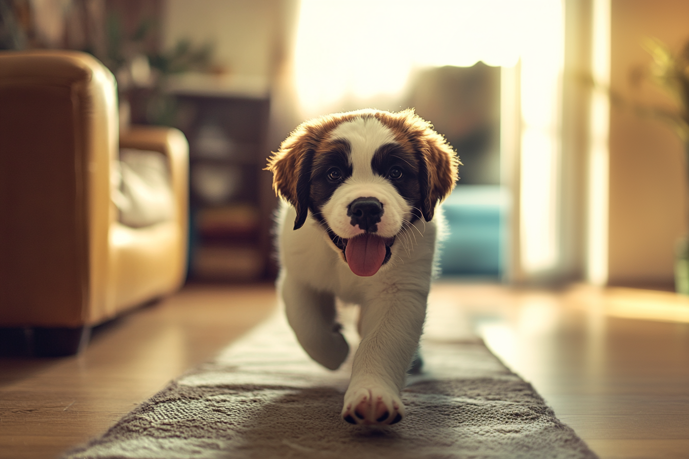 Un chiot saint-bernard heureux qui tire la langue dans le salon | Source : Midjourney