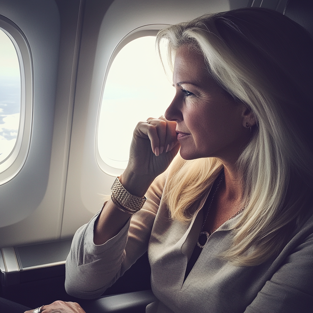 Une femme regardant par le hublot d'un avion | Source : Midjourney