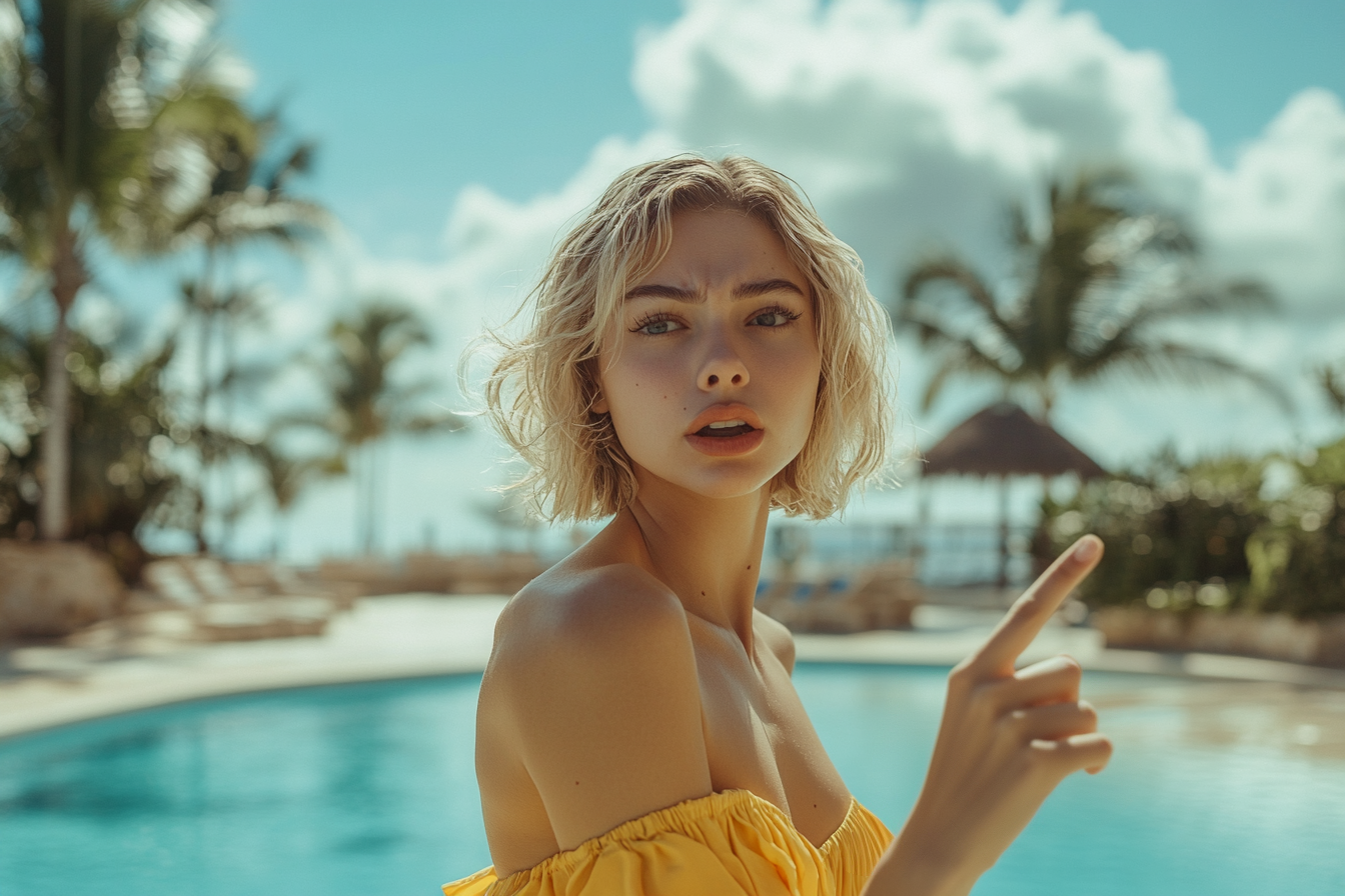 Une femme pointant du doigt au bord de la piscine | Source : Midjourney