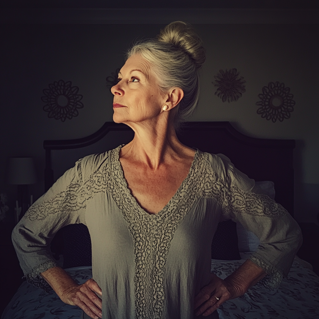 An elderly woman standing in a bedroom | Source: Midjourney