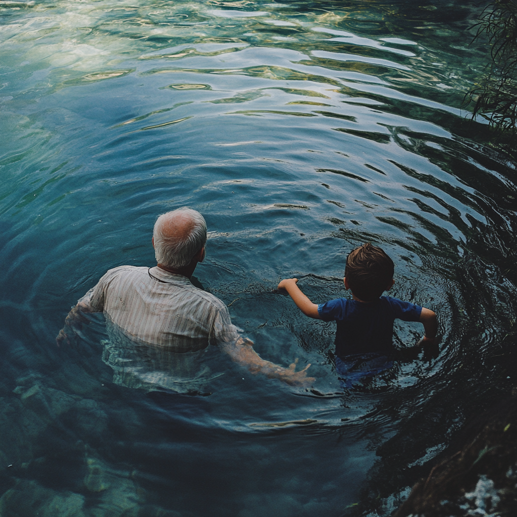 Un vieil homme et un jeune garçon qui se baignent | Source : Midjourney