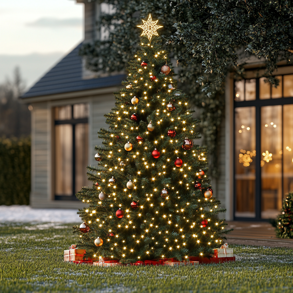 Un magnifique sapin de Noël à l'extérieur d'une maison | Source : Midjourney