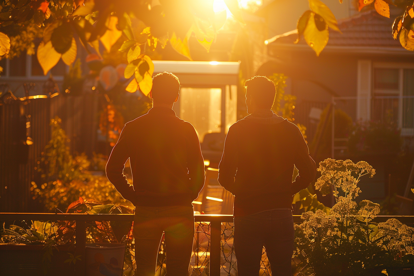 Silhouette de deux hommes dans l'arrière-cour | Source : Midjourney