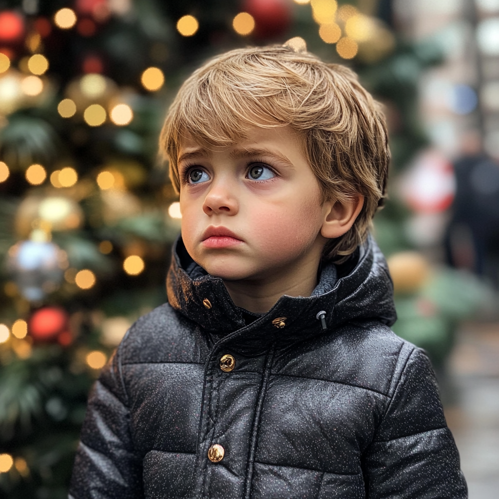 Un garçon triste à côté d'un sapin de Noël | Source : Midjourney