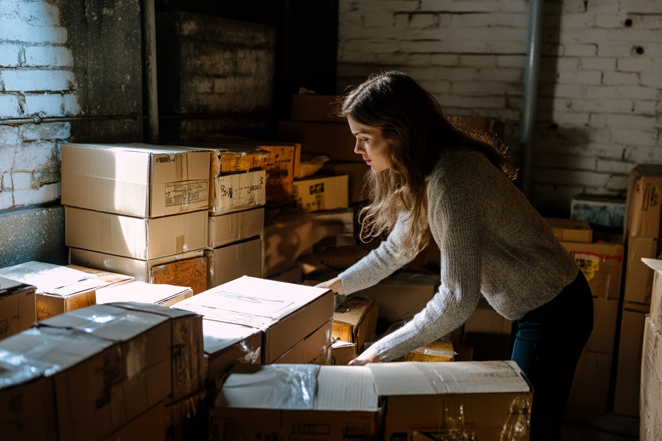 Une femme qui fouille dans des cartons dans son sous-sol | Source : Midjourney