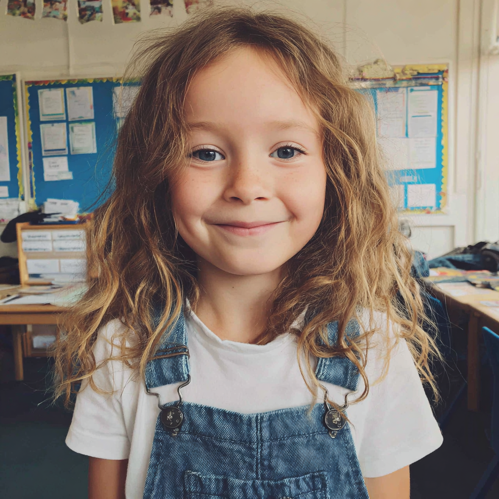 Une petite fille souriante debout dans sa salle de classe | Source : Midjourney