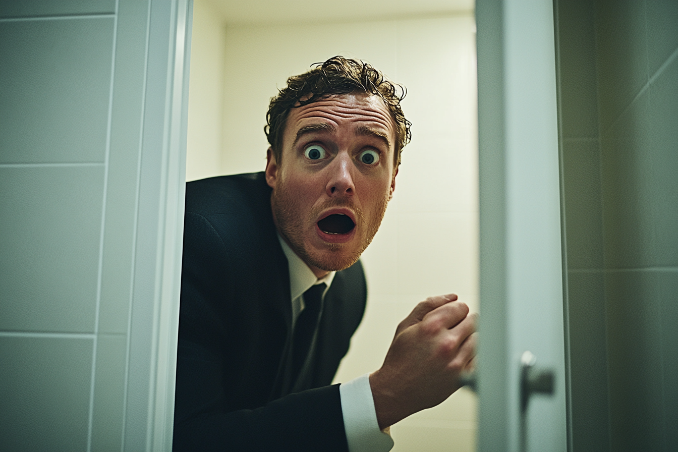 Un homme regarde fixement dans une salle de bain en état de choc | Source : Midjourney