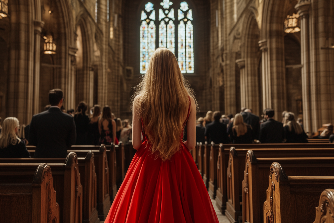 Une mariée entrant dans une église dans une robe de mariée rouge | Source : Midjourney