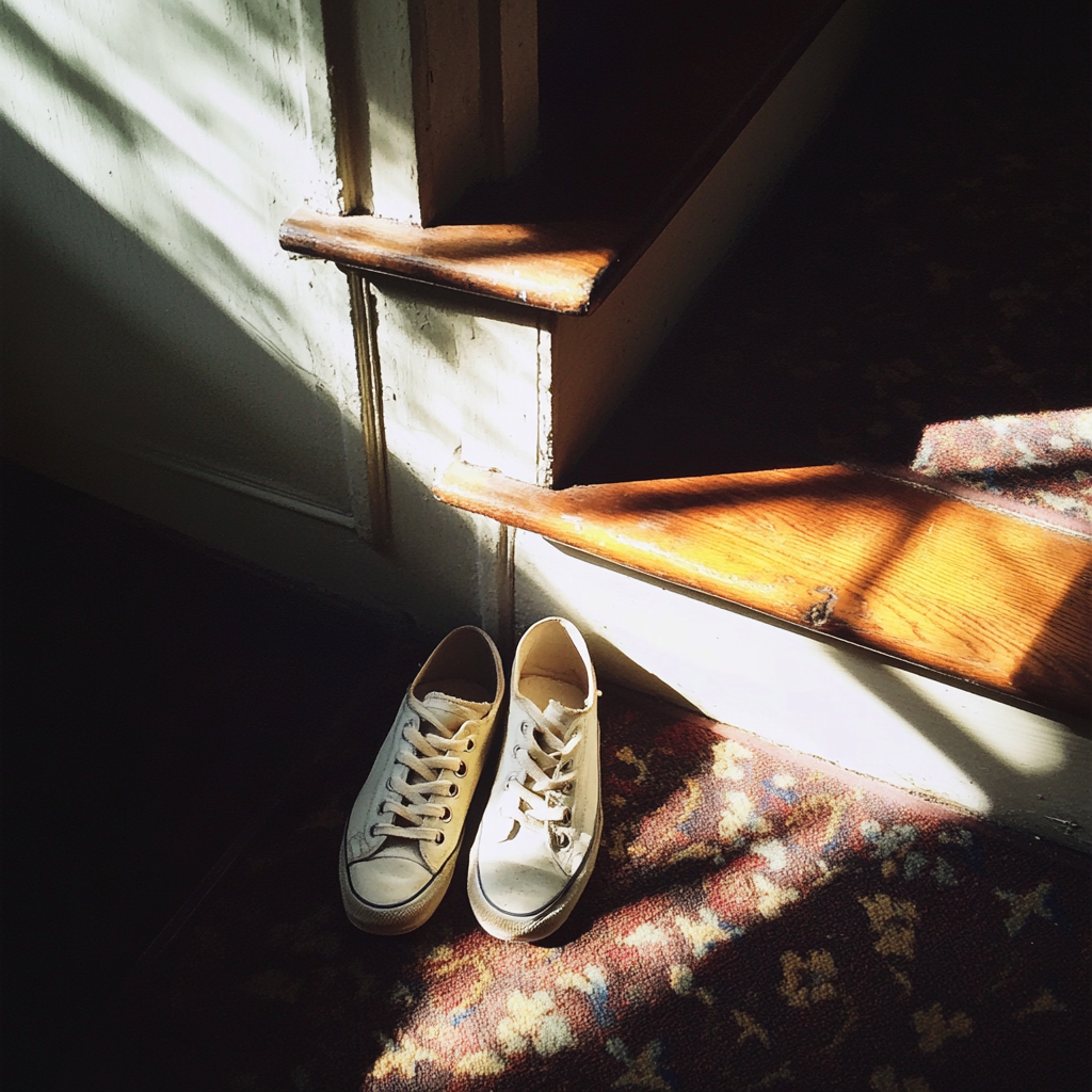 Une paire de baskets au pied d'un escalier | Source : Midjourney