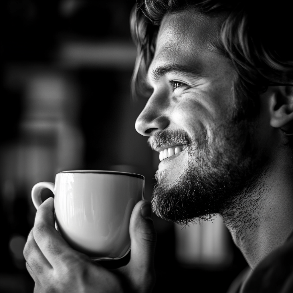 Un homme souriant tenant une tasse de café⏐ Source : Midjourney