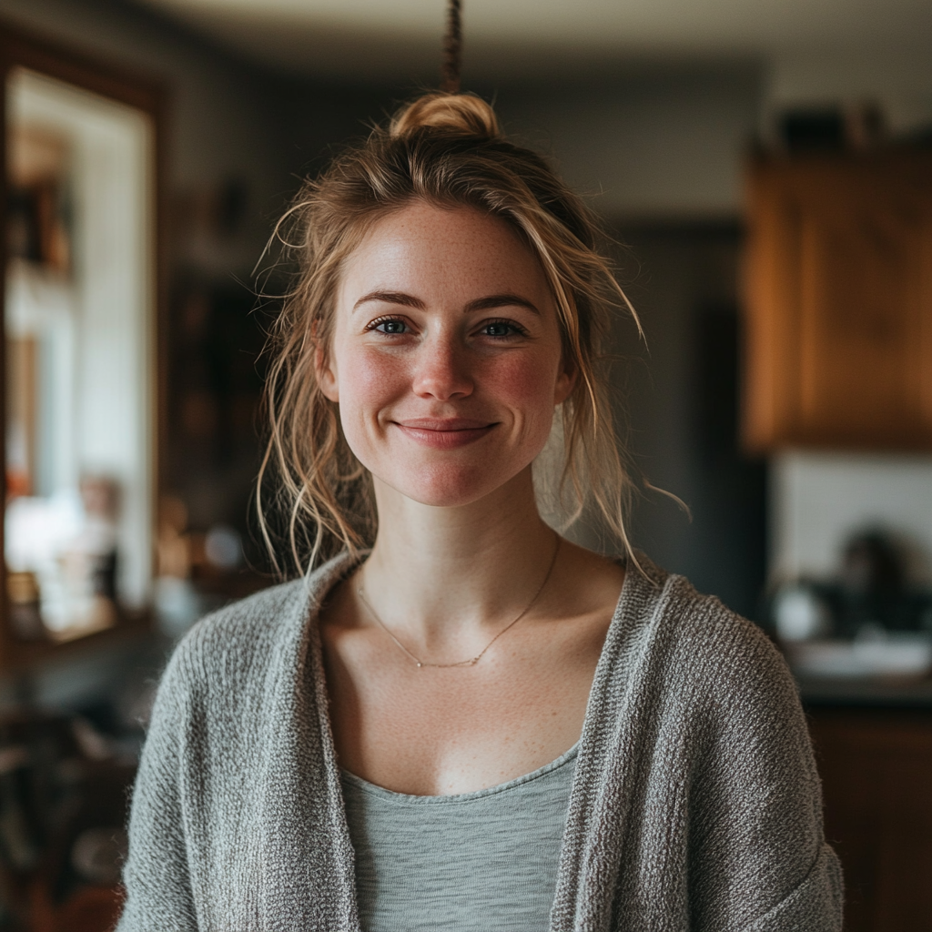 Une femme souriante se tenant à l'intérieur d'une maison | Source : Midjourney