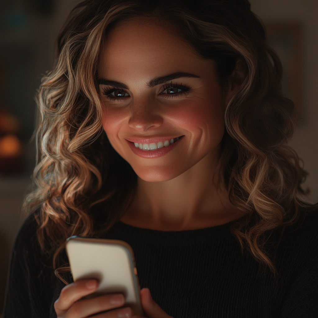 Une femme qui sourit en tenant son téléphone | Source : Midjourney