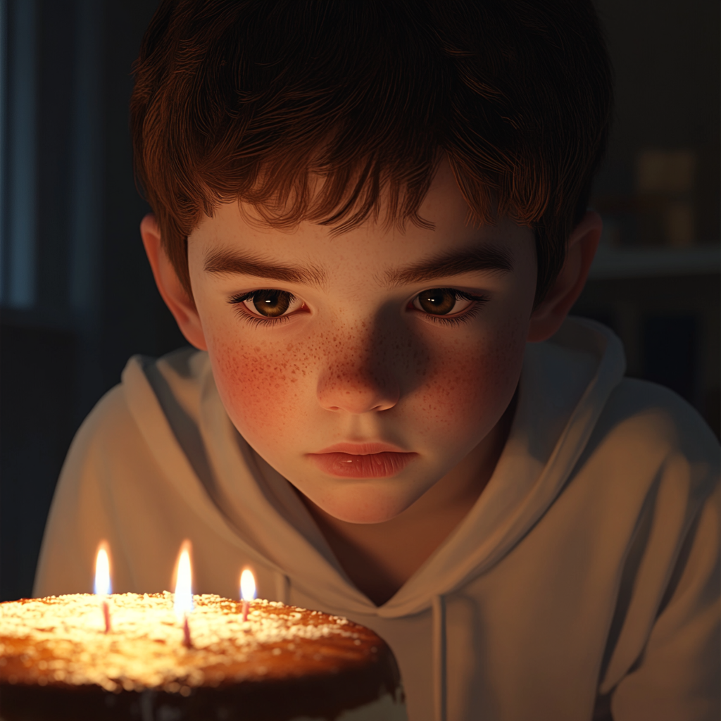 Un garçon qui regarde son gâteau d'anniversaire | Source : Midjourney