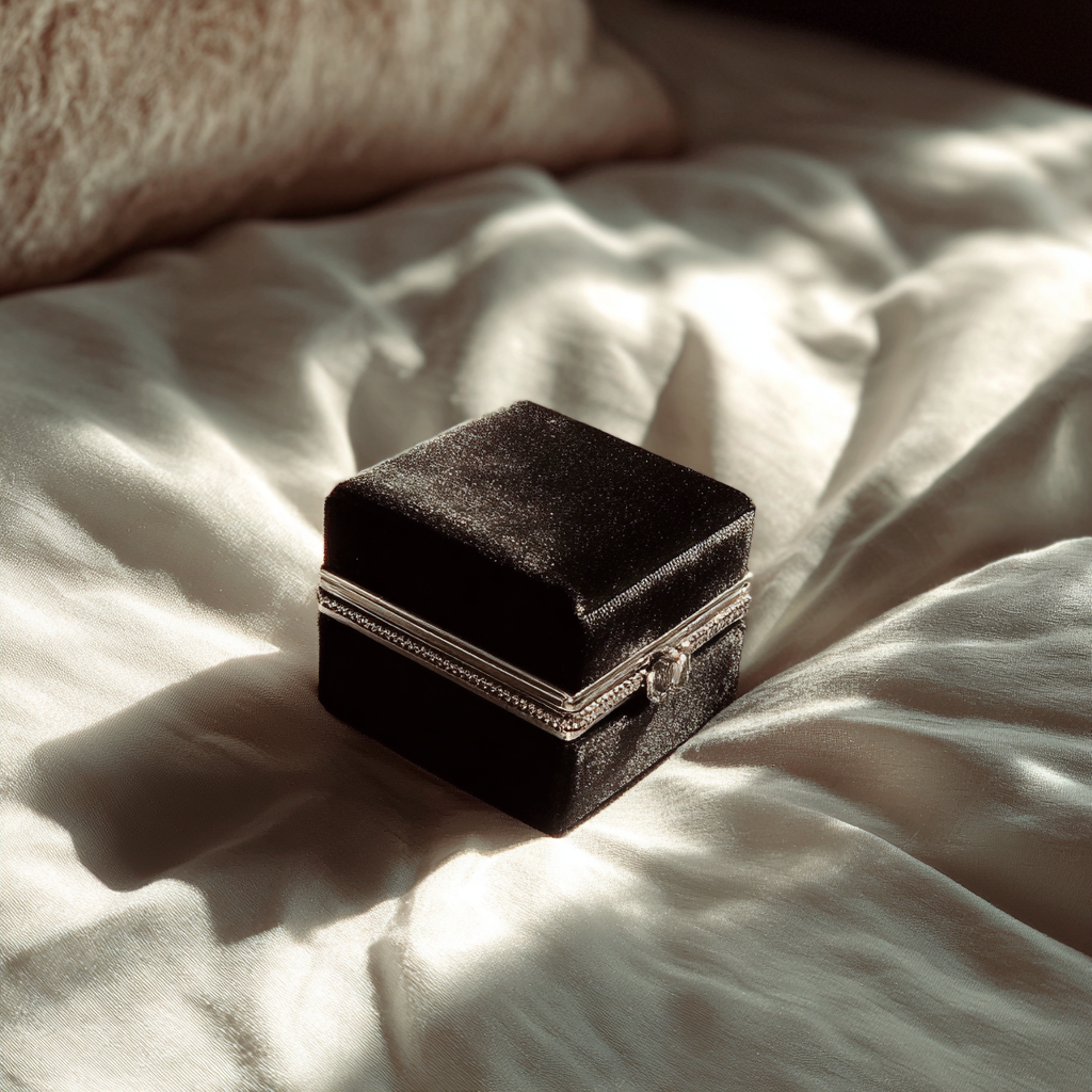 Une boîte en velours noir sur un lit | Source : Midjourney