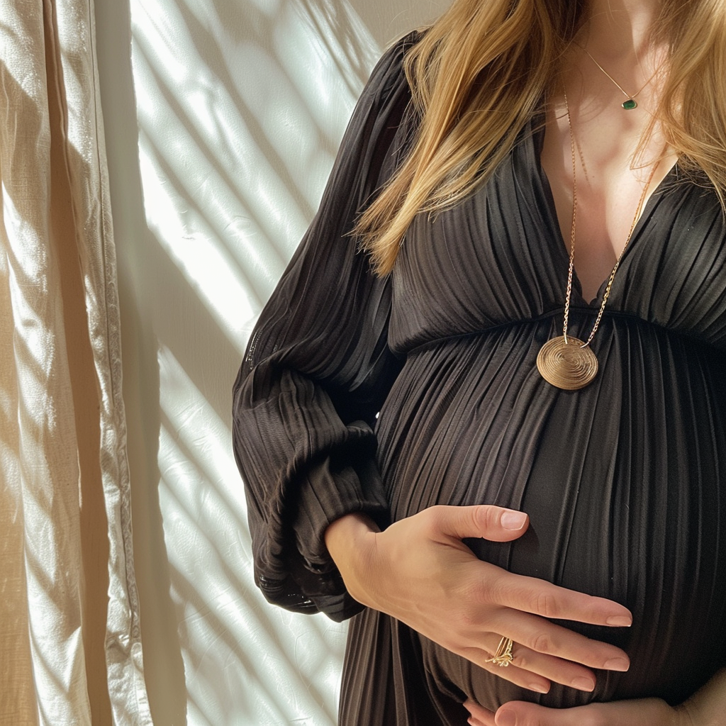 A pregnant woman holding her stomach | Source: Midjourney