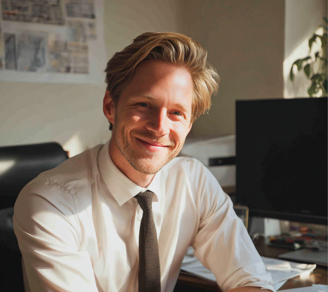 Un homme souriant assis à son bureau | Source : Midjourney