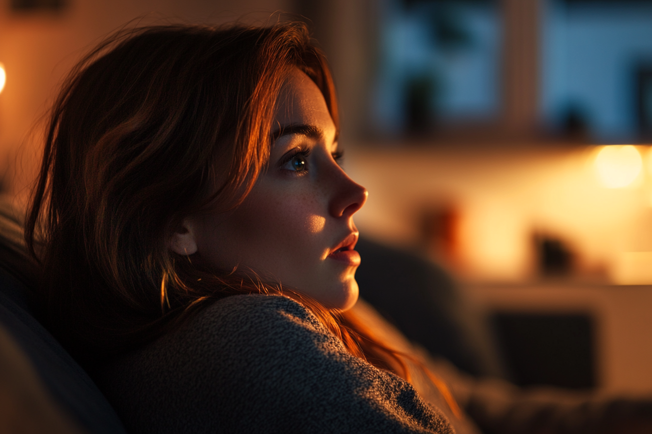 Une jeune femme assise sur le canapé | Source : Midjourney