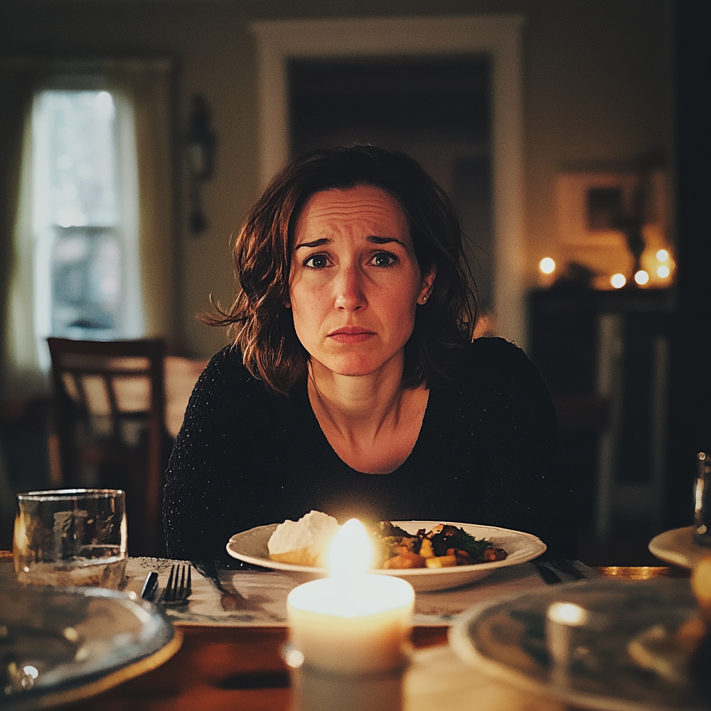 Une femme bouleversée assise à une table | Source : Midjourney