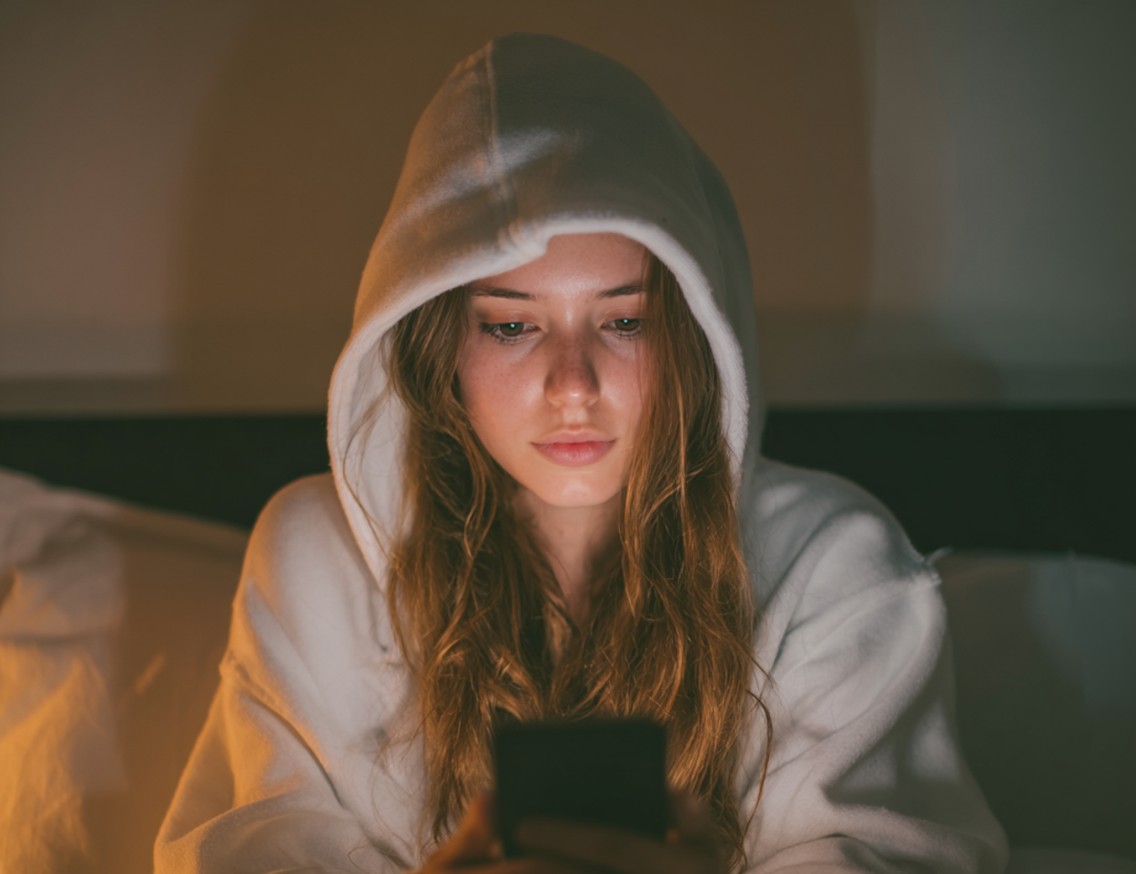 Une femme assise et regardant son téléphone | Source : Midjourney