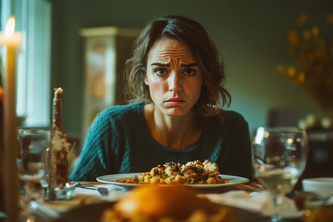 Une femme sérieuse fronce les sourcils pendant le dîner | Source : Midjourney