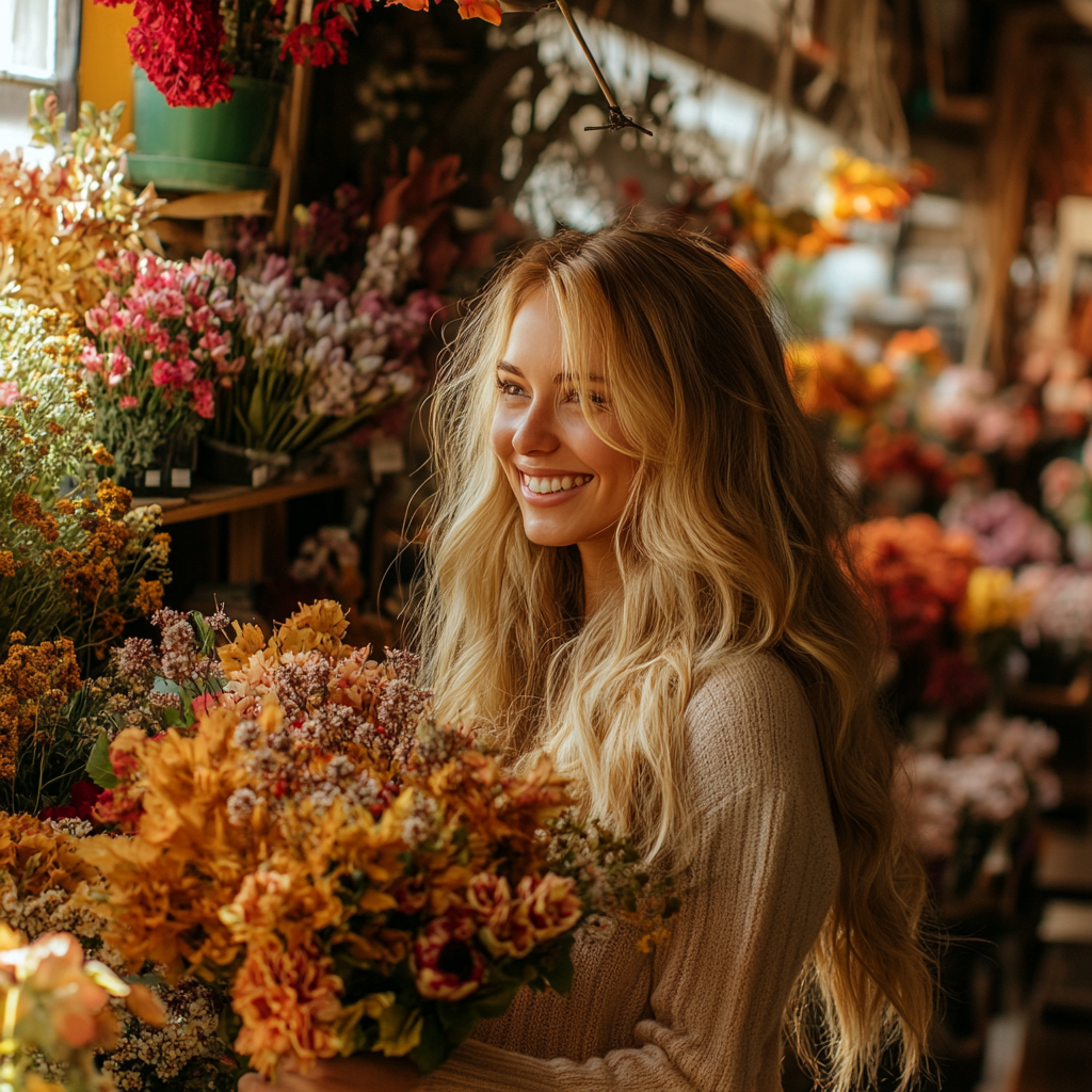 Une femme souriante avec un bouquet | Source : Midjourney