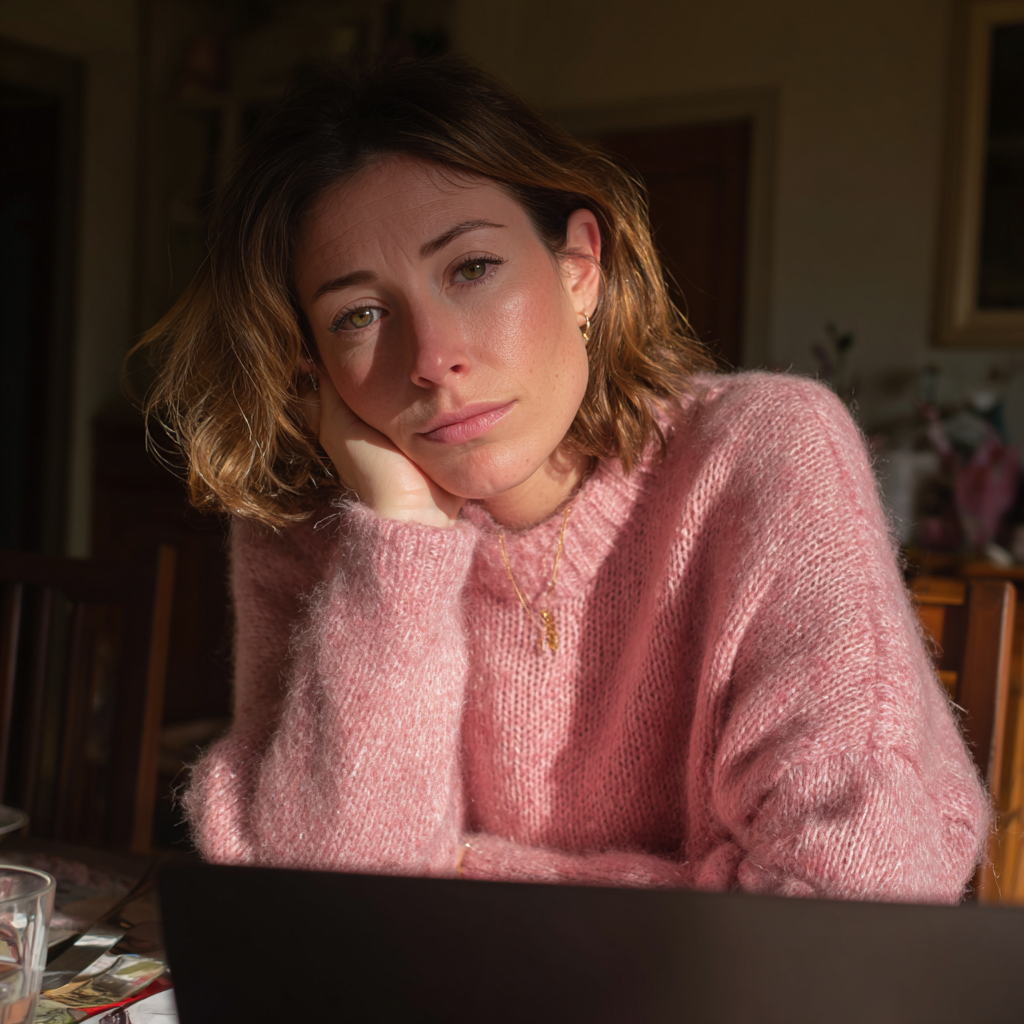 Une femme fatiguée assise à une table à manger avec un ordinateur portable | Source : Midjourney