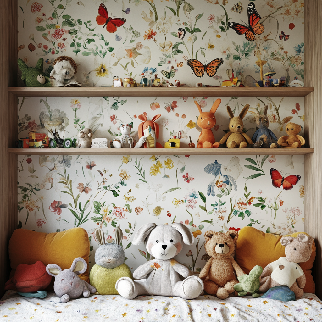 Une superbe chambre d'enfant avec un magnifique papier peint et des jouets en peluche | Source : Midjourney