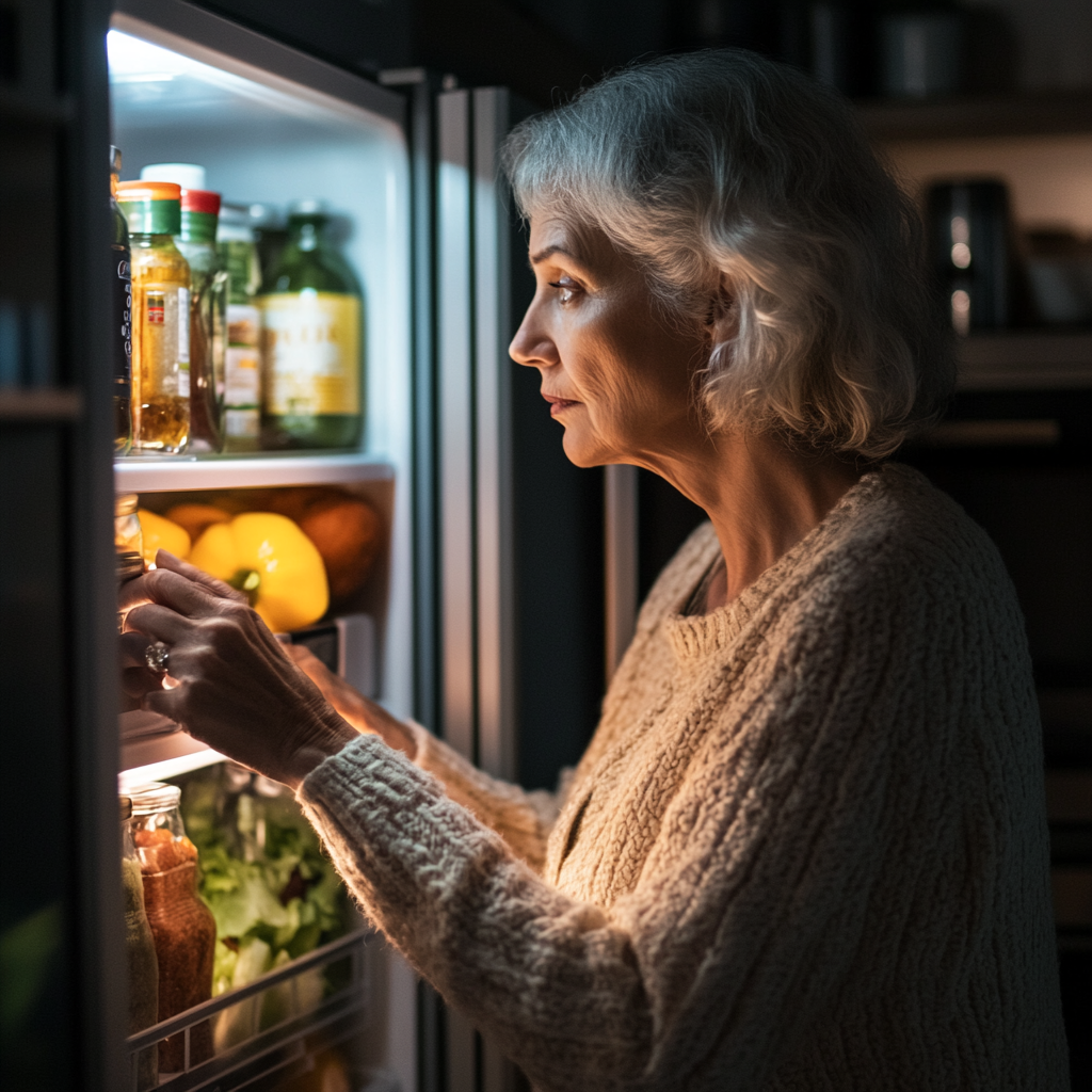 Une femme qui fouille dans son réfrigérateur | Source : Midjourney