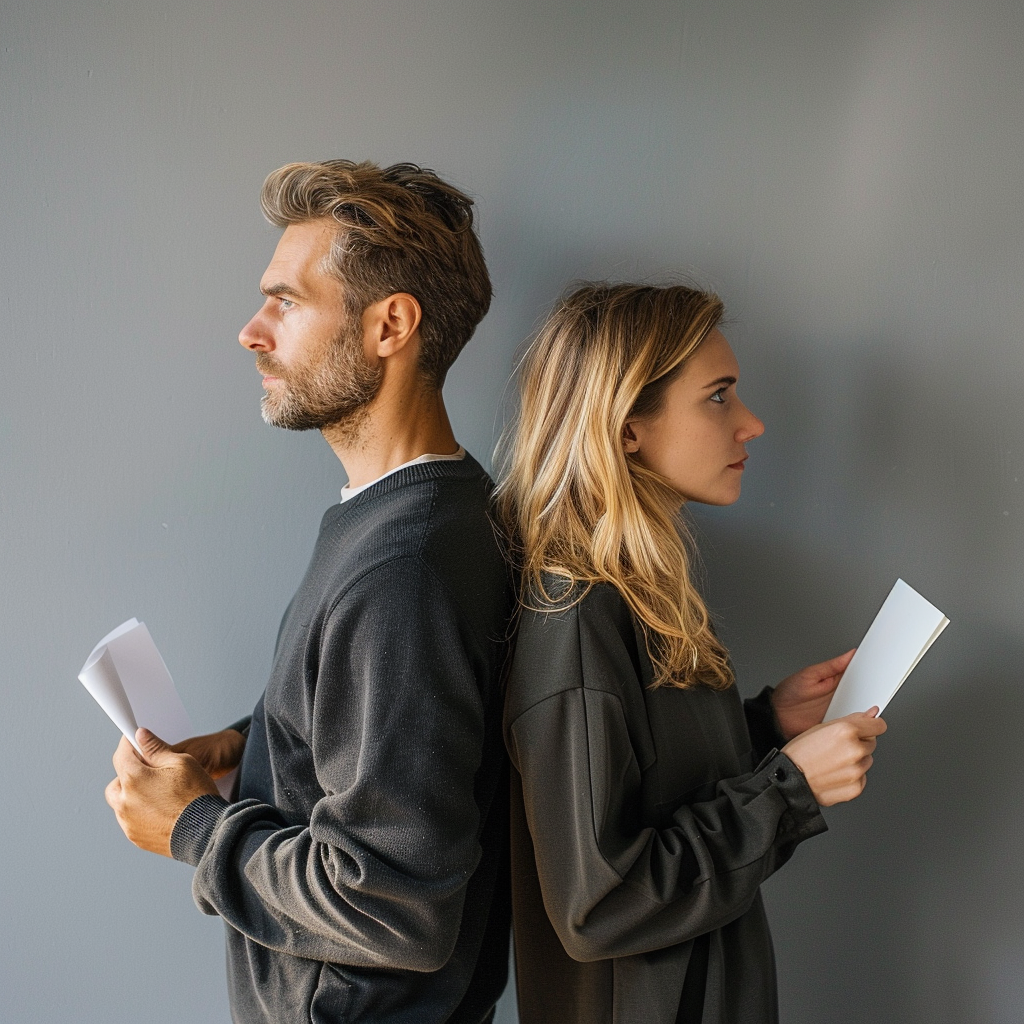 Un homme et une femme se tiennent dos à dos, chacun tenant un morceau de papier | Source : Midjourney