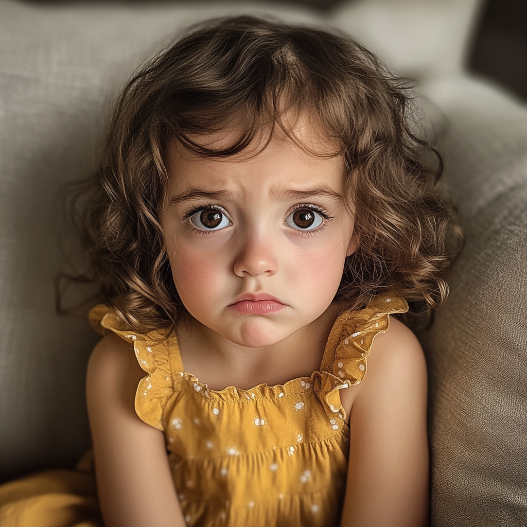 Une petite fille assise sur un canapé | Source : Midjourney