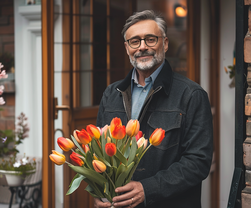 Un homme tenant un bouquet de tulipes | Source : Midjourney