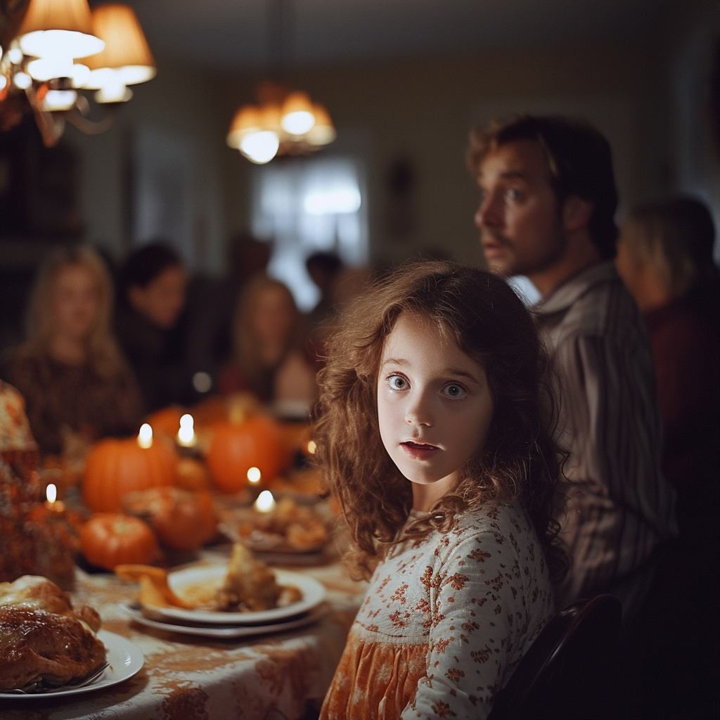 Une petite fille et son père choqué lors d'un dîner de Thanksgiving | Source : Midjourney