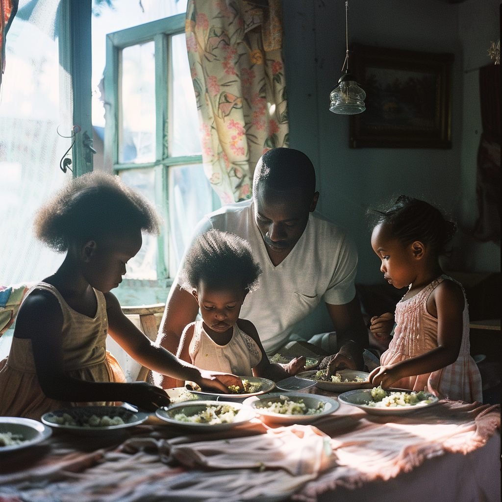 Un père et ses filles assis avec des assiettes contenant de la nourriture | Source : Midjourney