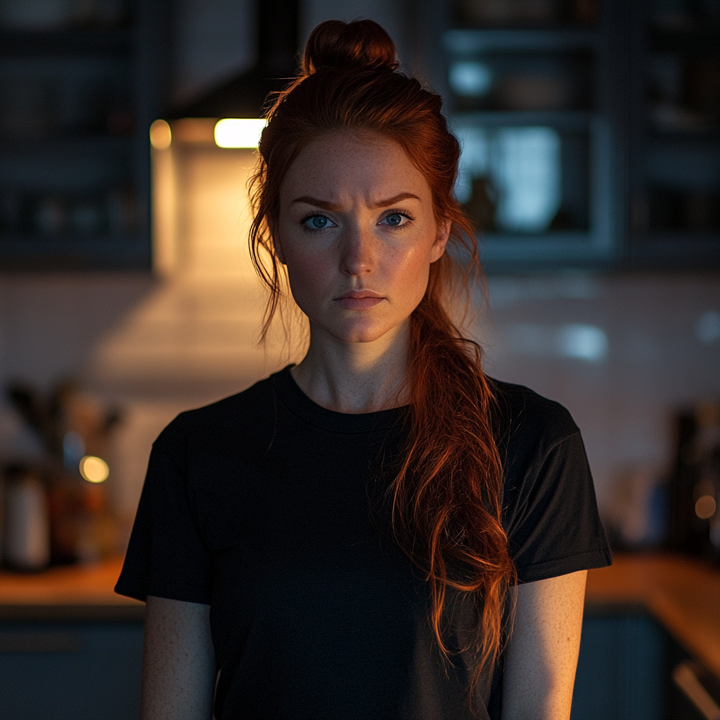 Une femme bouleversée debout dans une cuisine | Source : Midjourney