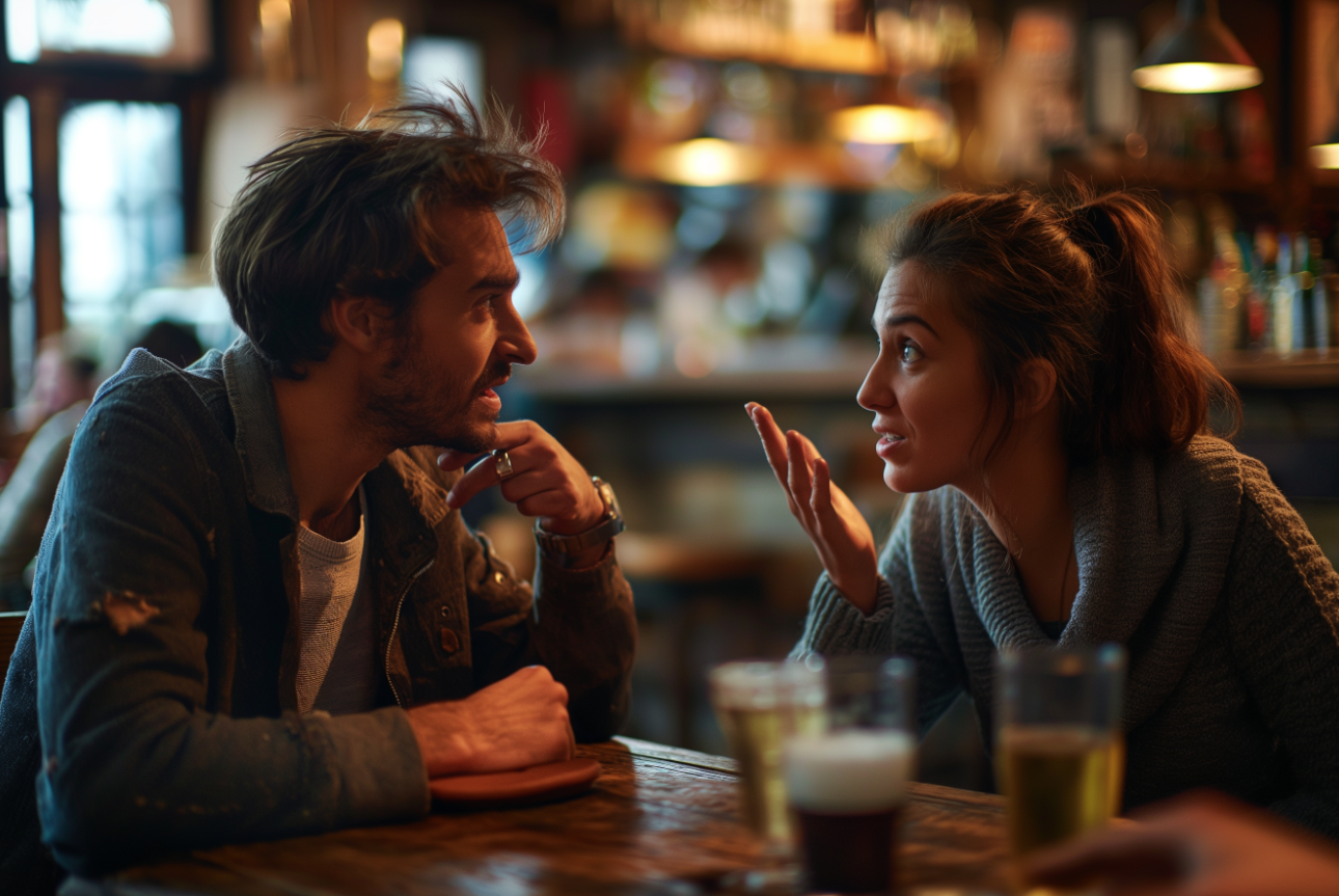 Un couple ayant une discussion animée dans un bar | Source : Midjourney