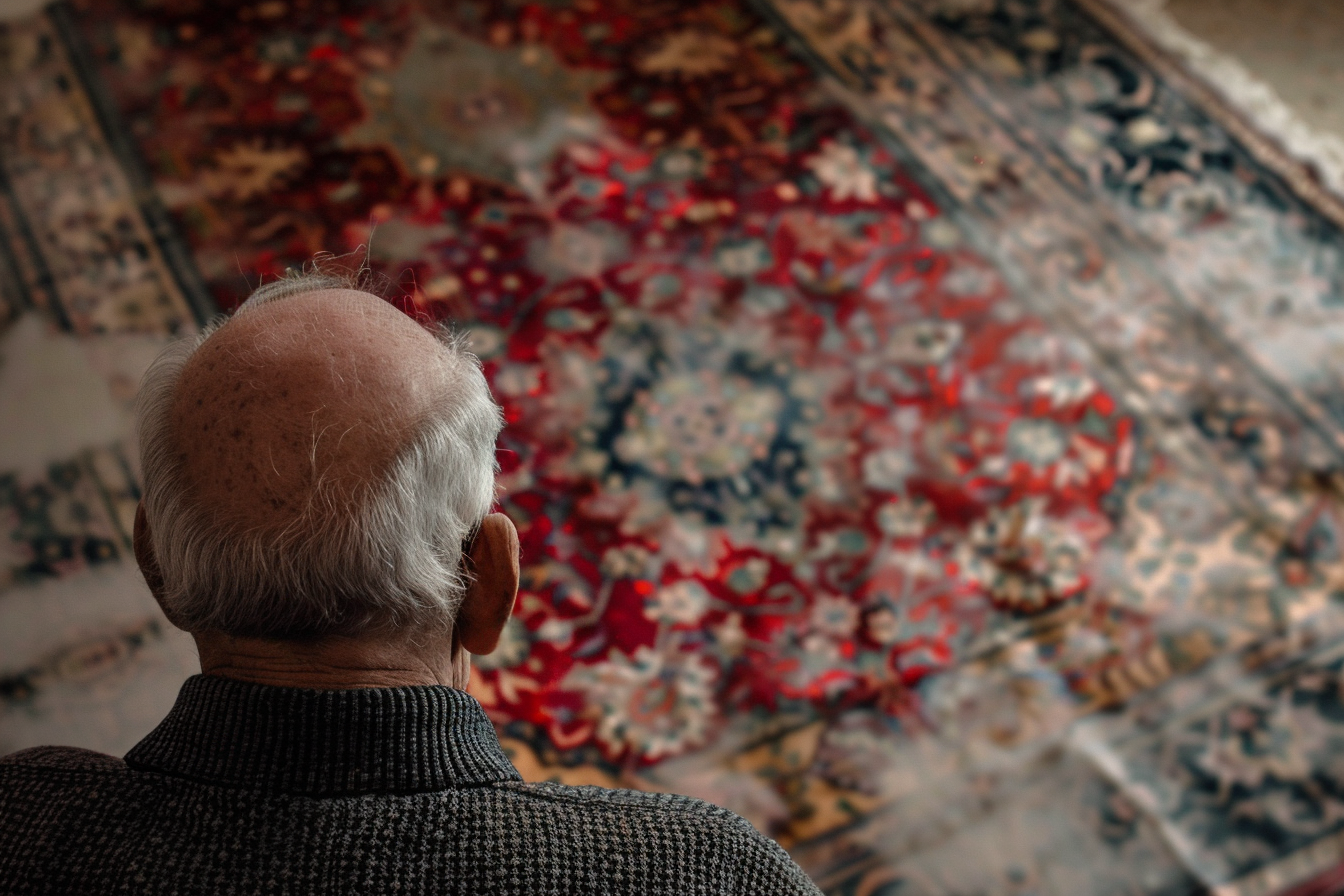 Un homme d'un certain âge qui regarde un tapis taché | Source : Midjourney