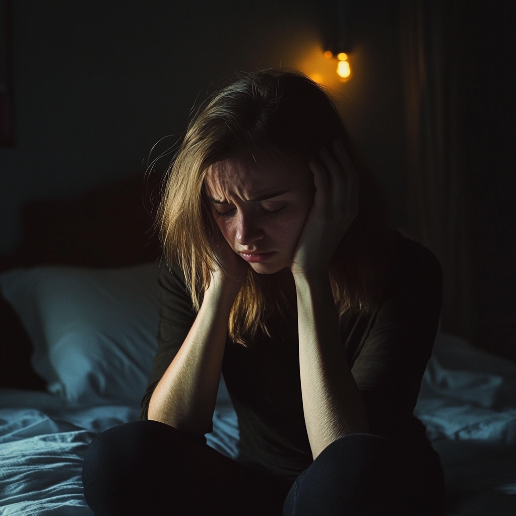 Une femme assise au bord de son lit | Source : Midjourney