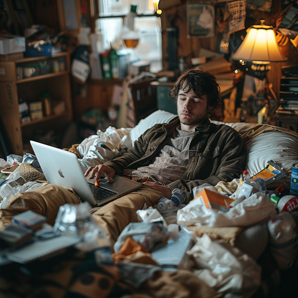 Un homme travaillant sur son ordinateur portable dans son lit | Source : Midjourney