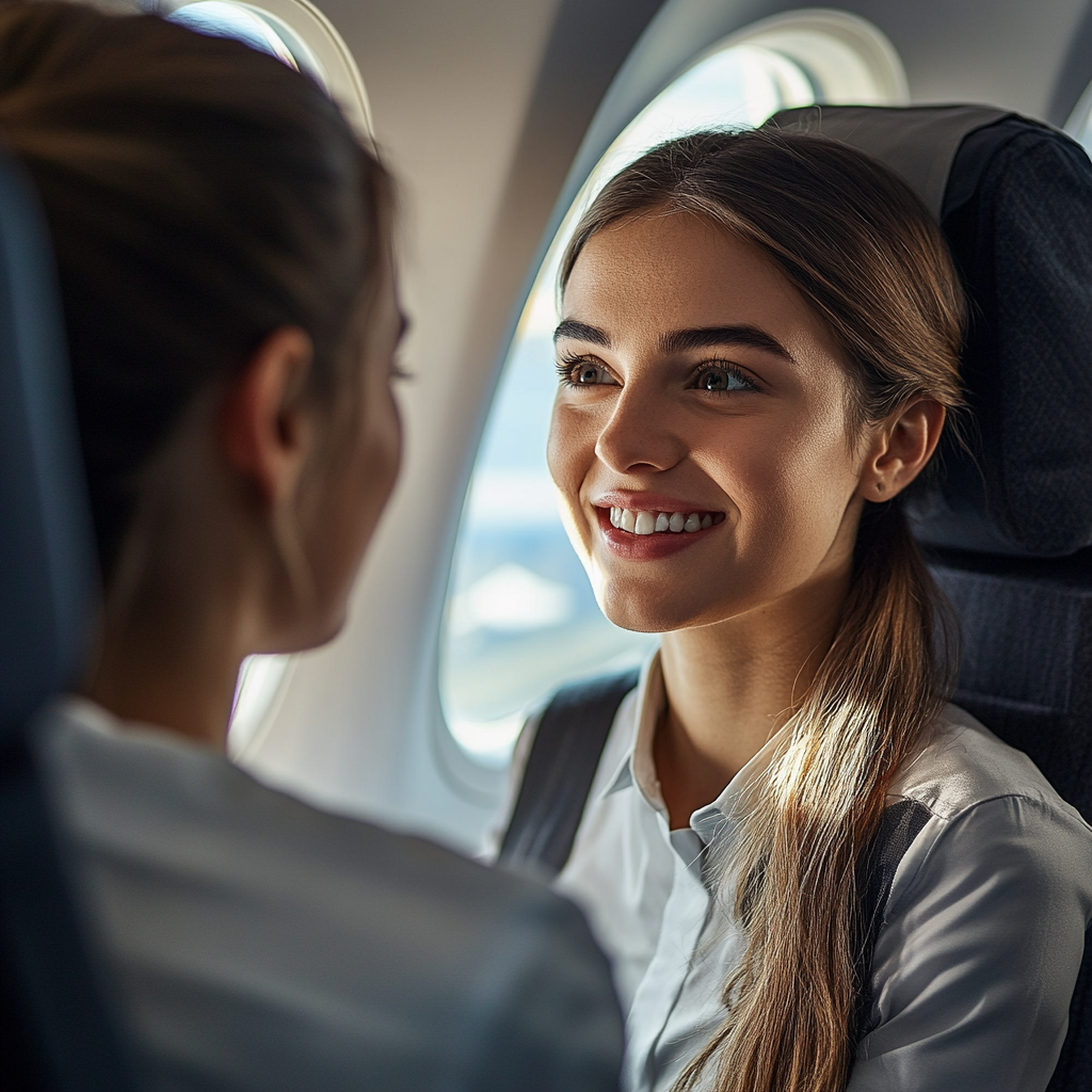 Une gentille hôtesse de l'air qui parle à une femme | Source : Midjourney