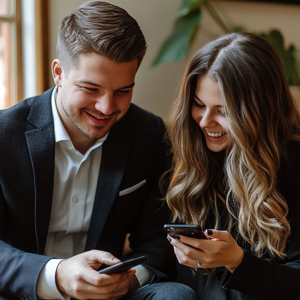 Un homme montrant une photo sur son téléphone à une femme | Source : Midjourney