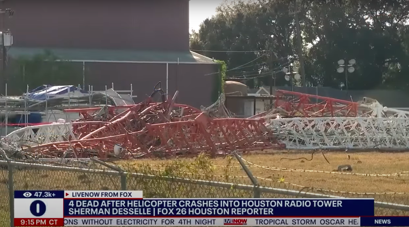 La tour de radio après son effondrement suite au crash de l'hélicoptère, posté le 22 octobre 2024 | Source : YouTube/LiveNOW de FOX