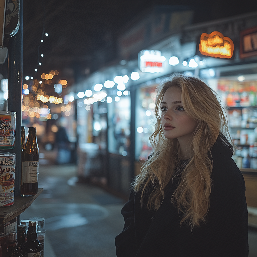 Une femme debout près d'un magasin d'alcool | Source : Midjourney