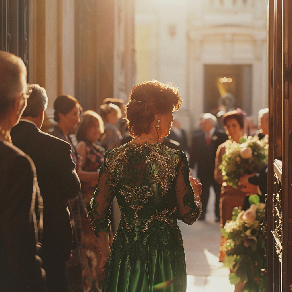 Une femme vêtue d'une robe verte entrant dans un lieu de mariage | Source : Midjourney