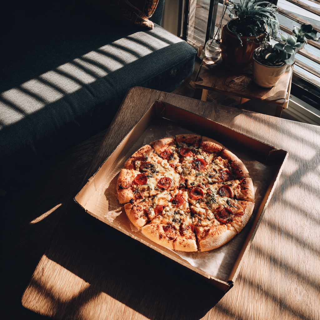 Une boîte de pizza sur une table basse | Source : Midjourney