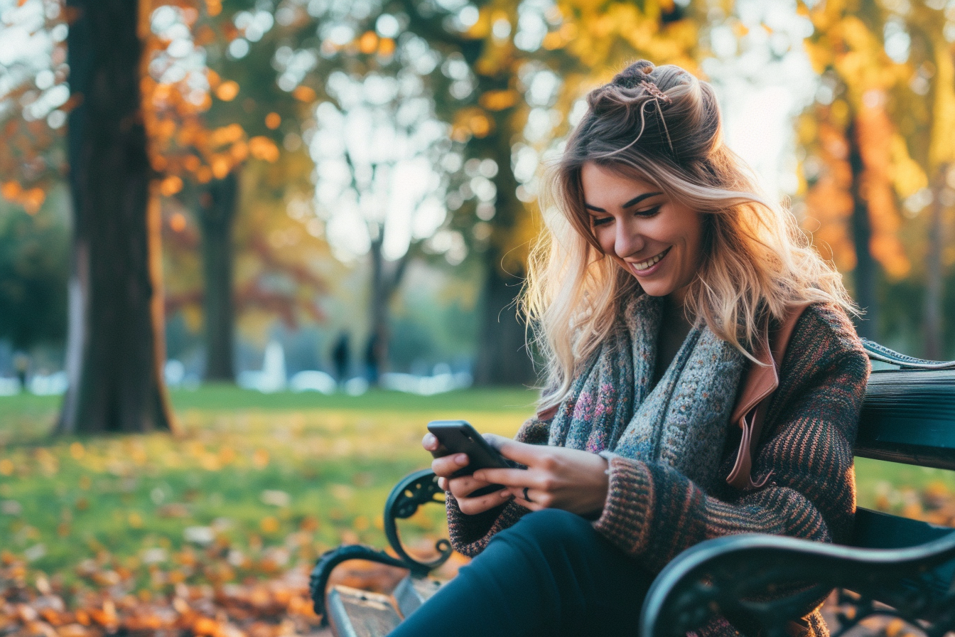 Une femme sourit en regardant son téléphone, assise sur un banc dans un parc | Source : Midjourney