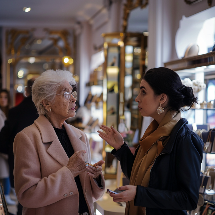 Une dame âgée discute avec une vendeuse dans une boutique | Source : Midjourney