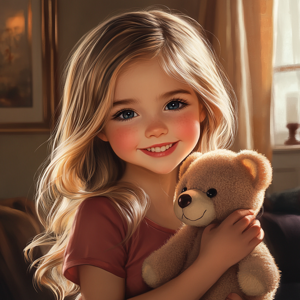 Une petite fille ravie tenant un ours en peluche | Source : Midjourney