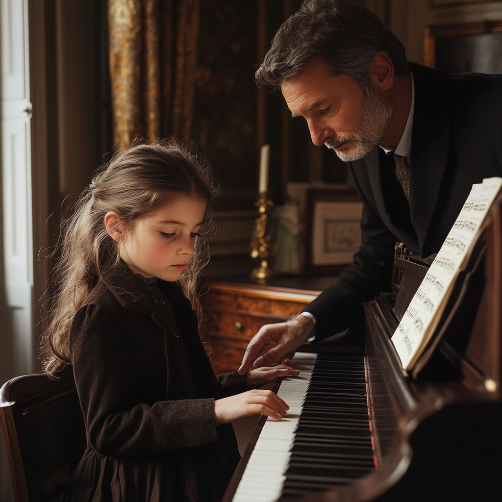 Une jeune fille jouant du piano sous le regard de son père | Source : Midjourney